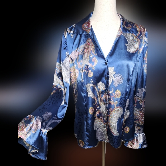 Spense Paisley Satin Blouse - Blue pink Ruffle Statement Sleeve Button Up Large - Picture 1 of 16